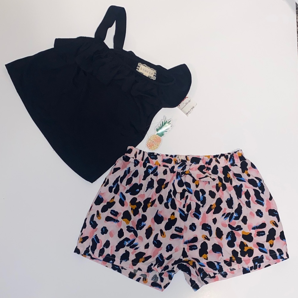 btween Black Top and Pink Patterned Shorts Set